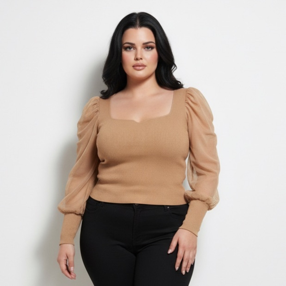 Fashion Nova Plus Size 2X Cropped Tan Nude Ribbed Knit Top Sheer Puff Sleeve 252